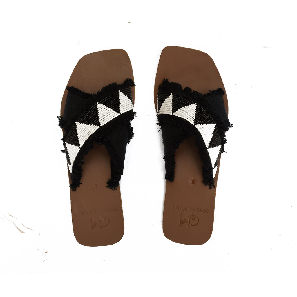 Naks beaded on denim leather sandals