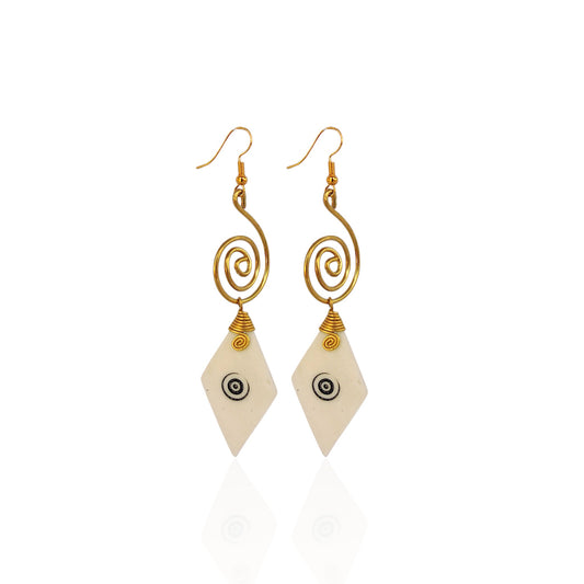 Spiral Brass & Trapezoid Bone Drop Earrings