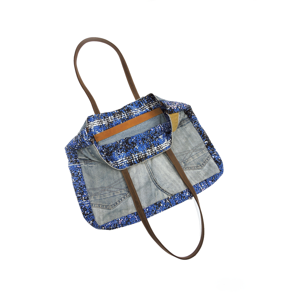 One of A Kind Recycled Denim Patch Tote Bag