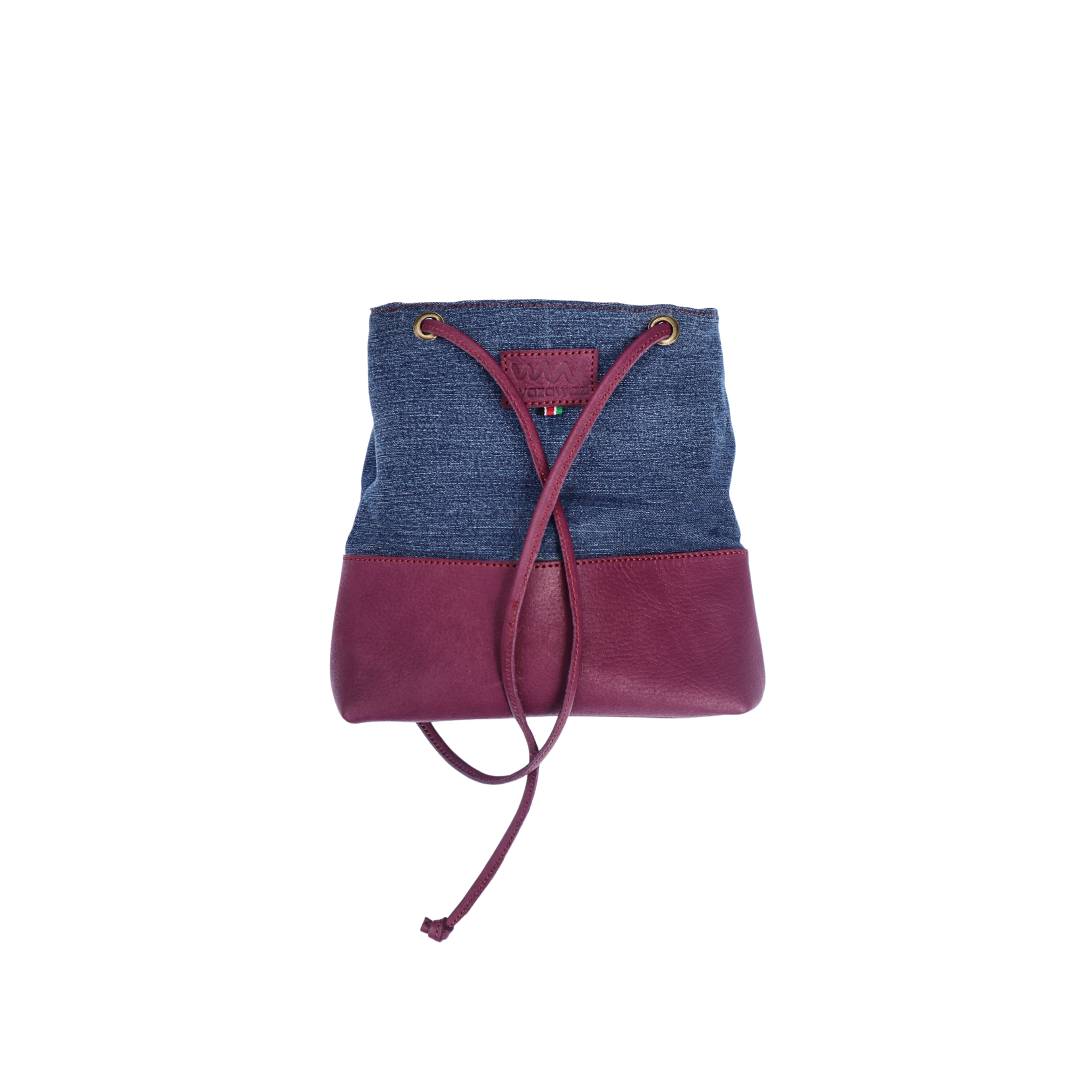One of A Kind Recycled Denim Draw Sting Bag With Burgundy Leather