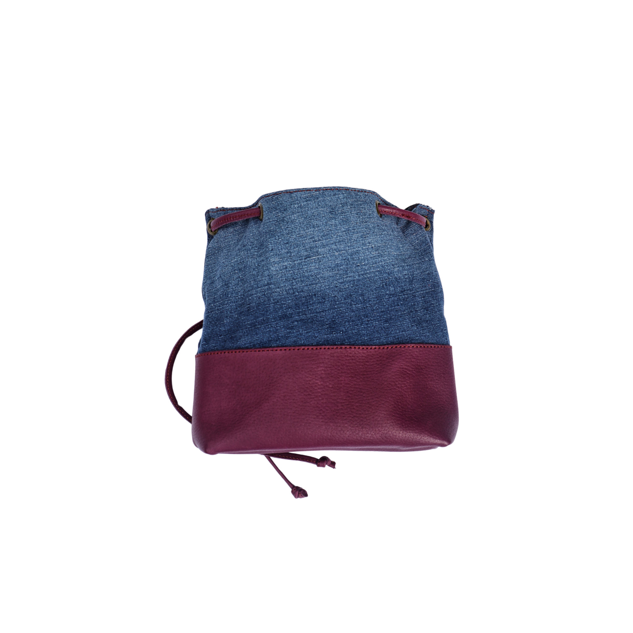 One of A Kind Recycled Denim Draw Sting Bag With Burgundy Leather
